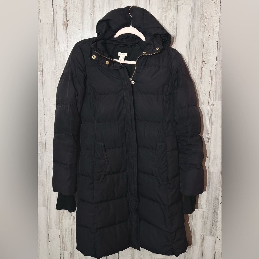 J.Crew Black Down Puffer Coat Women’s XS Hooded Winter Jacket